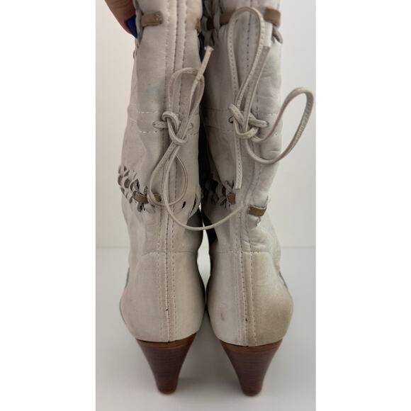 ZODIAC White Leather Almond Toe Woven Self Tie Mid-Calf Bootie Size 8.5 VINTAGE - Picture 5 of 8